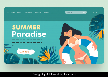 summer vacation webpage template bikini girl flowers sketch