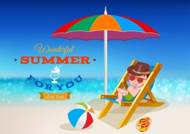 summertime banner relaxed boy beach umbrella icons