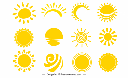 sun icons collection yellow flat handdrawn shapes sketch