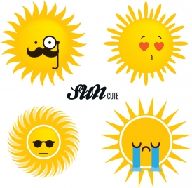 sun icons sets cute cartoon style various emotion