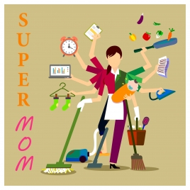 super mom concept illustration with woman and works