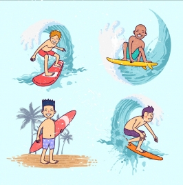 surfer icons collection cute boys cartoon characters