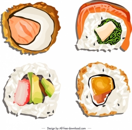 sushi food icons templates colorful classical flat sketch