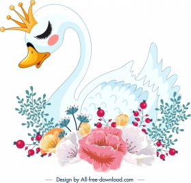 swan painting colorful classical sketch flowers ornament