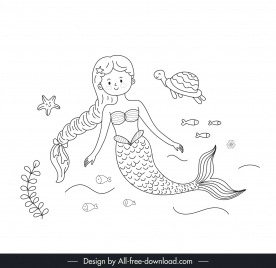 swimming mermaid design elements handdrawn cartoon character outline