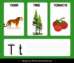 t alphabet teaching template tiger tree tomato icons