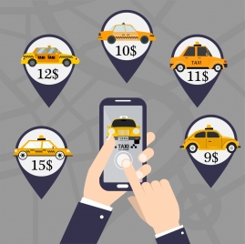 taxi application advertising banner smartphone car price icons