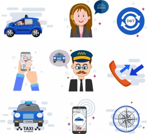 taxi service design elements car smartphone people icons