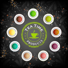 tea advertisement colorful beverage cups icon flowers backdrop