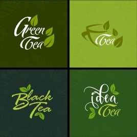 tea advertising sets green leaves icons calligraphic decoration