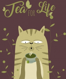 tea time banner cat leaves teacup icons