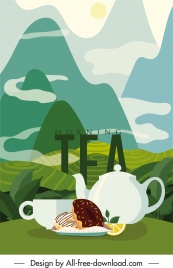 tea time banner classical elegant mountain view sketch