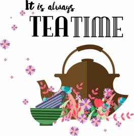 tea time banner pot cups flowers icons decor