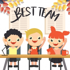team work background cute pupils icons cartoon characters