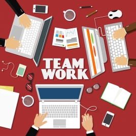 team work background laptops hands devices icons decor