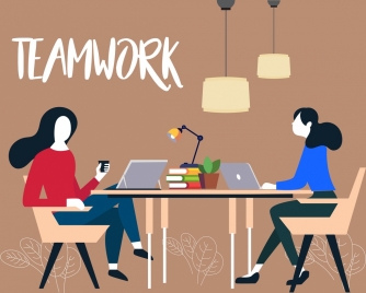 team work background working women icons colored cartoon
