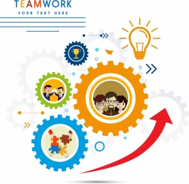 teamwork background gears lightbulb puzzles trophy icons