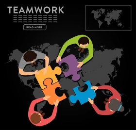 teamwork banner staffs jigsaw puzzle map icons