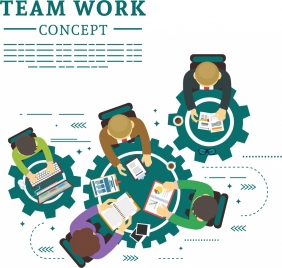 teamwork concept banner working staffs gears tables icons
