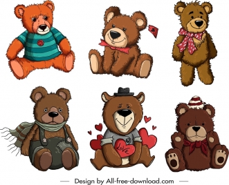 teddy bear icons collection cute stylized cartoon sketch