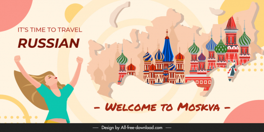 time to travel moskva russian banner place architecture lady map sketch
