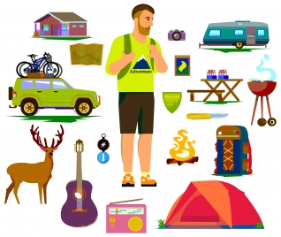 tourist symbols icons isolated with human and tools