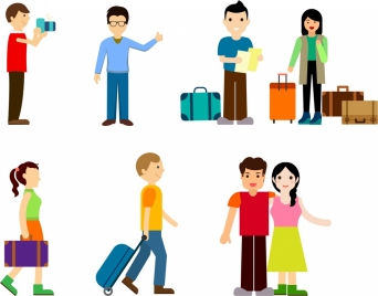 tourists icons isolated with various types in colors