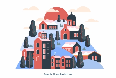 town background houses hill sketch colored classic design