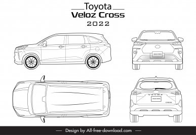 toyota veloz cross 2022 car models advertising template black white handdrawn different views outline