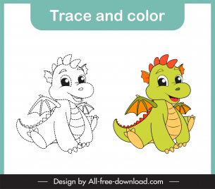 trace and color education template cute dinosaur cartoon character sketch