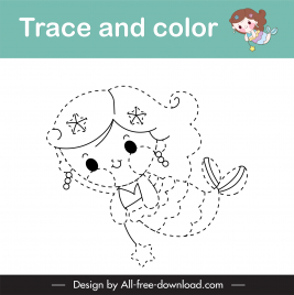 trace and color education template cute fairy girl handdrawn sketch
