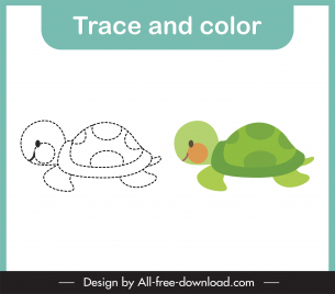 trace and color education template cute green turtle sketch