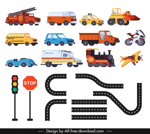 traffic design elements vehicles signboard road icons sketch