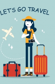 travel banner female tourist luggage airplane icons