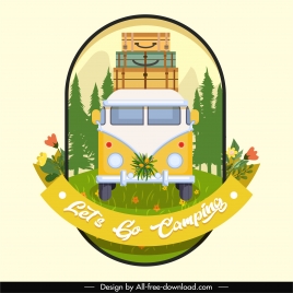 travel banner template colorful classic bus luggage sketch