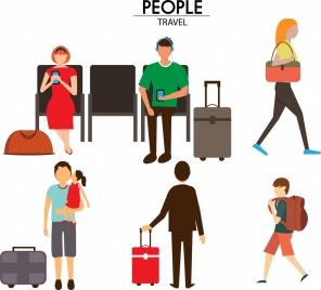 travelling people colored icons sets