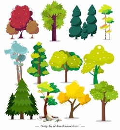 tree shapes icons colorful classical sketch