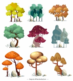 trees icons collection colored classic handdrawn sketch