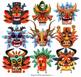 tribal masks icons colorful horrible faces sketch