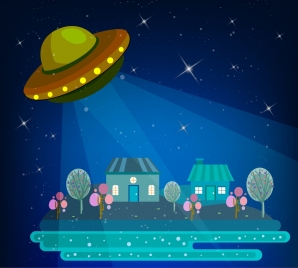 ufo background sparkling sky backdrop lighted houses icons