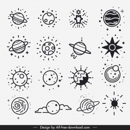 universe icons collection classical handdrawn planets outline