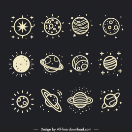 universe icons collection handdrawn planets line art