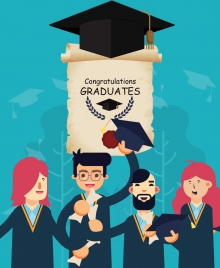 university graduation banner students diploma hat icons decor