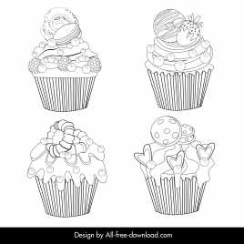 valentine cakes icons collection classical handdrawn black white outline