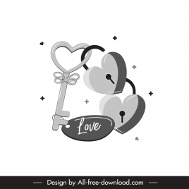 valentine design elements black white key heart locks sketch