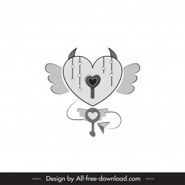 valentine design elements bw angel devil key lock outline