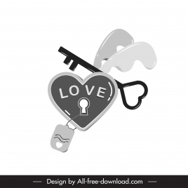 valentine design elements bw key heart lock tag icons sketch