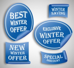 various shapes winter sales labels on blue background