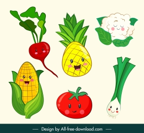 vegetables icons cute stylized sketch