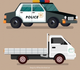 vehicles icons police car truck sketch colored design